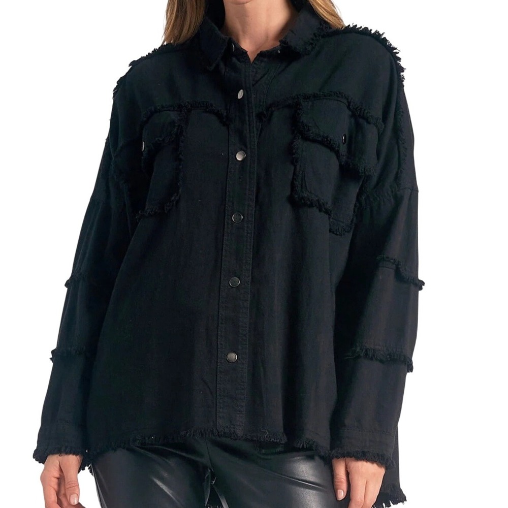 Elan Rock & Roll Black Distressed Denim Shirt Jacket Shacket Womens Size L NEW - Picture 2 of 10